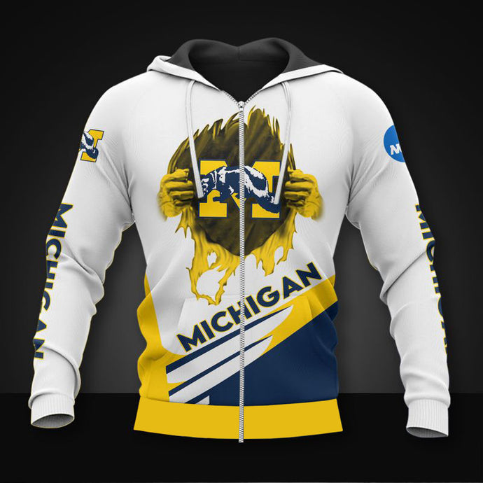 Michigan Wolverines Casual 3D Zipper Hoodie