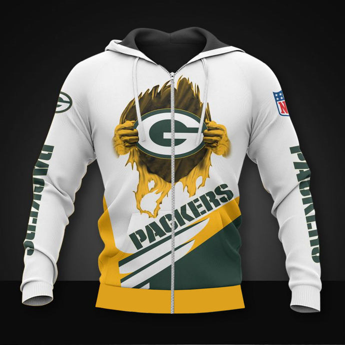 Green Bay Packers Casual 3D Zipper Hoodie