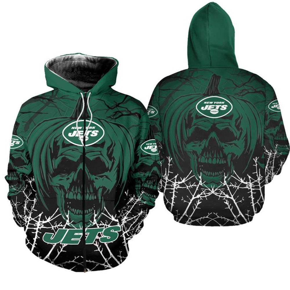 New York Jets Pumpkin Skull Zipper Hoodie