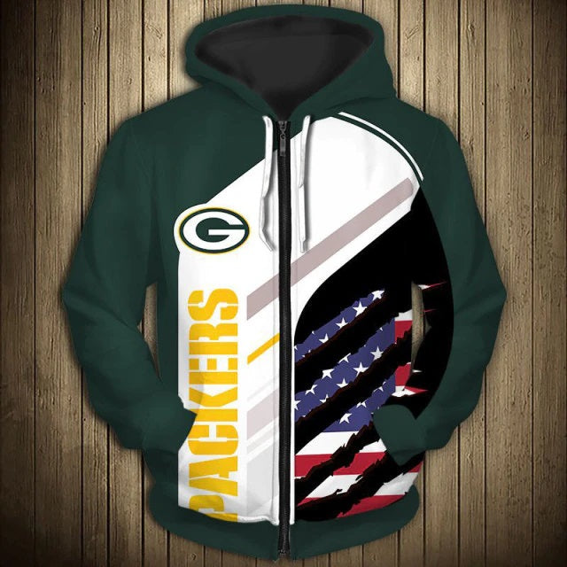 Green Bay Packers American Flag Zipper Hoodie