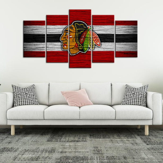 Chicago Blackhawks Wooden Look  5 Pieces Wall Art Painting Canvas