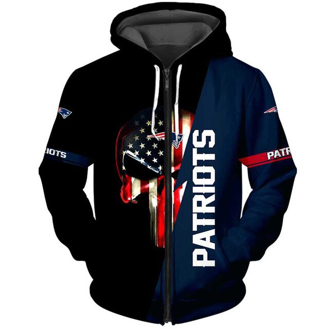 New England Patriots 3D Skull Zipper Hoodie