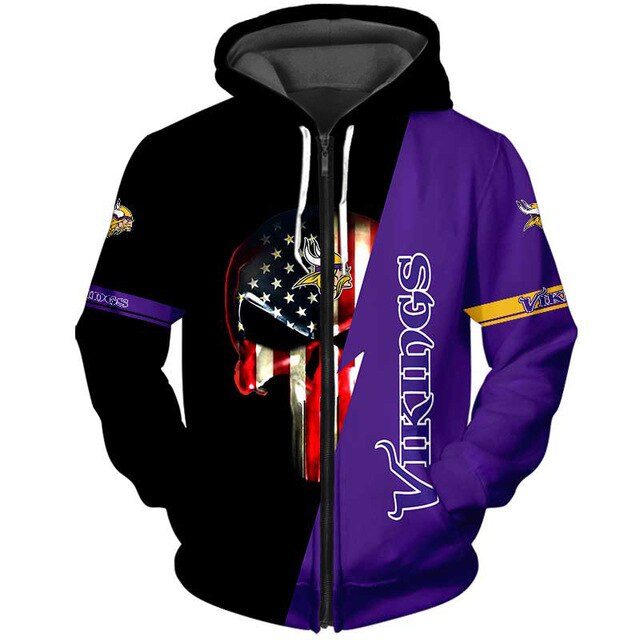 Minnesota Vikings 3D Skull Zipper Hoodie