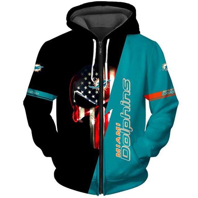 Miami Dolphins 3D Skull Zipper Hoodie