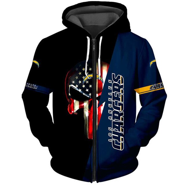 Los Angeles Chargers 3D Skull Zipper Hoodie