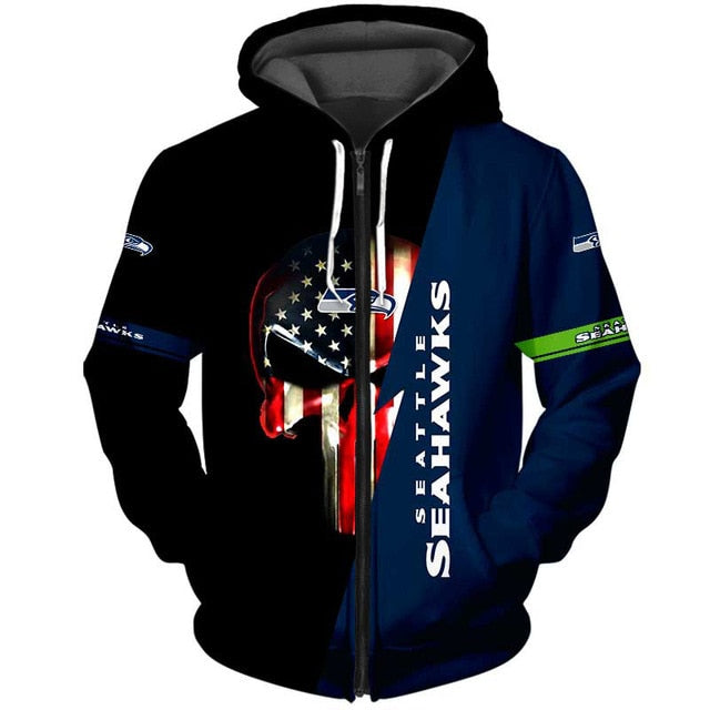 Seattle Seahawks 3D Skull Zipper Hoodie