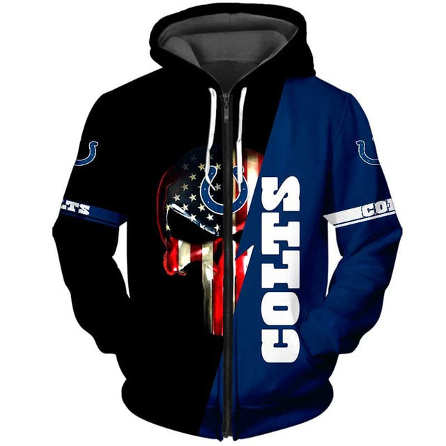 Indianapolis Colts 3D Skull Zipper Hoodie