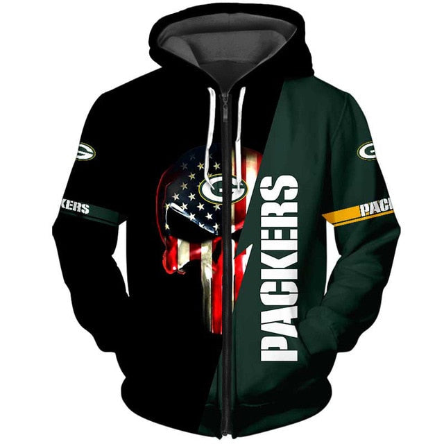 Green Bay Packers 3D Skull Zipper Hoodie