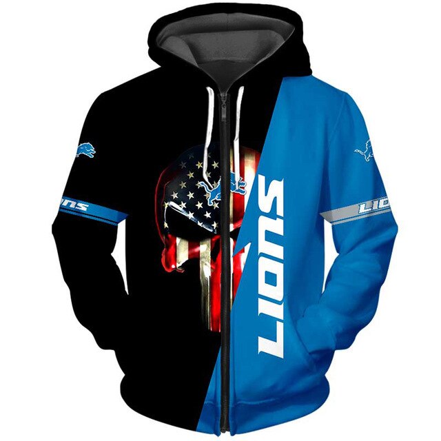 Detroit Lions 3D Skull Zipper Hoodie