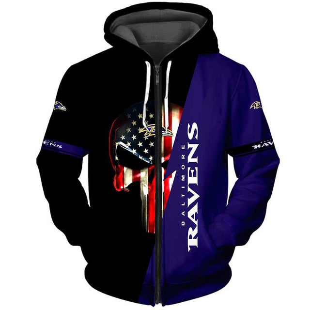 Baltimore Ravens 3D Skull Zipper Hoodie