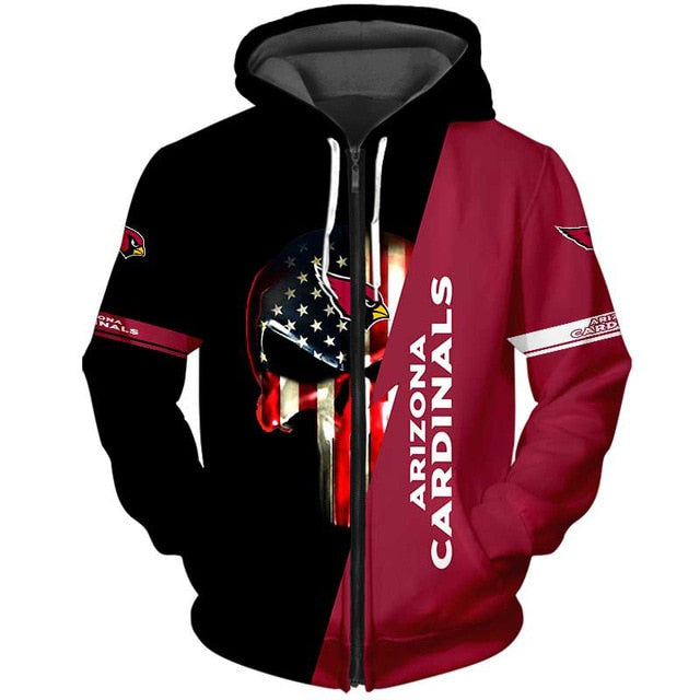 Arizona Cardinals 3D Skull Zipper Hoodie