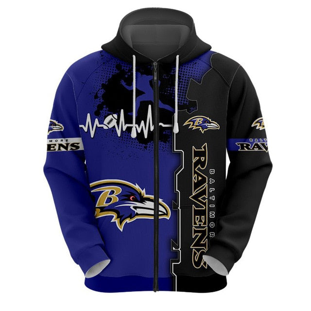 Baltimore Ravens Beating Curve 3D Zipper Hoodie