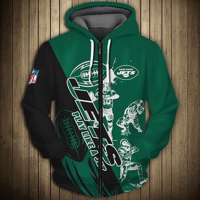 New York Jets Casual 3D Zipper Hoodie