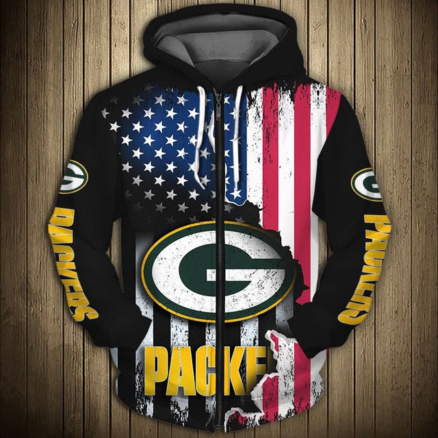 Green Bay Packers American Flag Zipper Hoodie