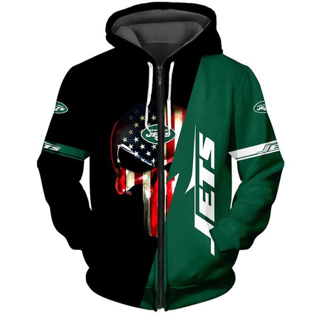 New York Jets 3D Skull Zipper Hoodie