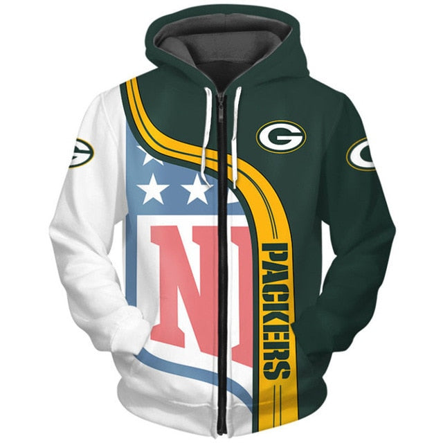 Green Bay Packers Curved Stripes 3D Zipper Hoodie