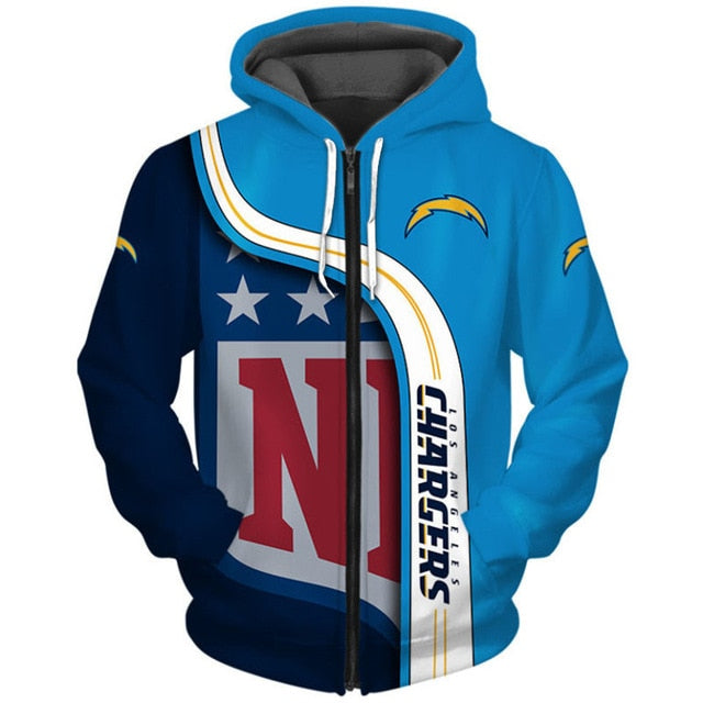 Los Angeles Chargers Curved Stripes 3D Zipper Hoodie