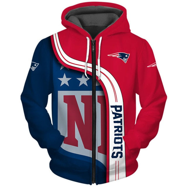 New England Patriots Curved Stripes 3D Zipper Hoodie