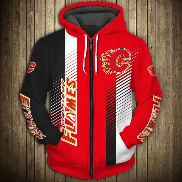 Calgary Flames Stripes Casual Zipper Hoodie